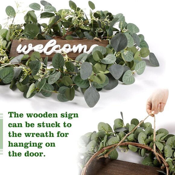 Green Eucalyptus Leaf Wreath Welcome Sign 20in Art for Front Door Wall Window - Picture 6 of 6